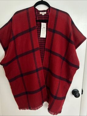 LOFT Red and Blue Plaid Open Front Poncho
